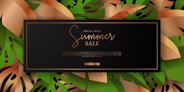 Summer sale offer banner promotion with green tropical leaves