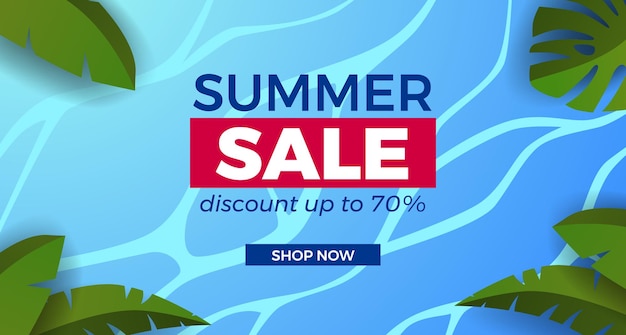 Summer sale offer banner promotion with ocean sea water with tropical leaves