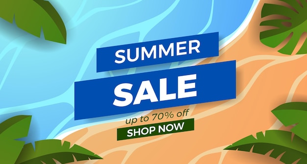 Summer sale offer banner promotion with sand beach coast with tropical leaves