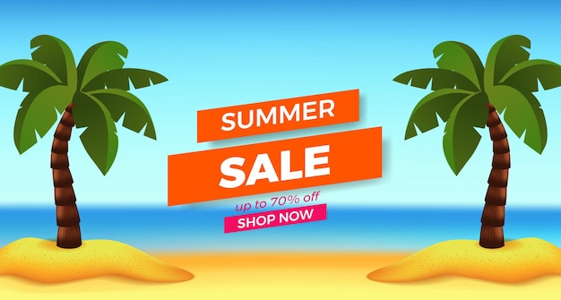 Summer sale offer banner promotion with sand beach view with coconut palm tree