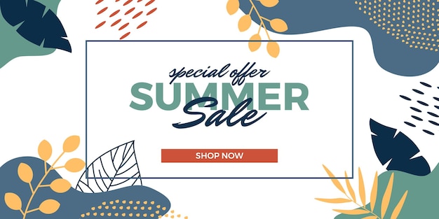 Summer sale offer banner promotion with tropical abstract leaves memphis ornament decoration