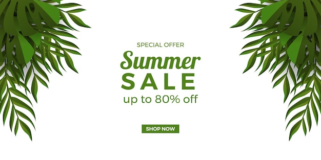 Summer sale offer banner promotion with tropical green leaves frame