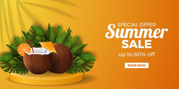 Summer sale offer banner template with coconut drink realistic with tropical leaves