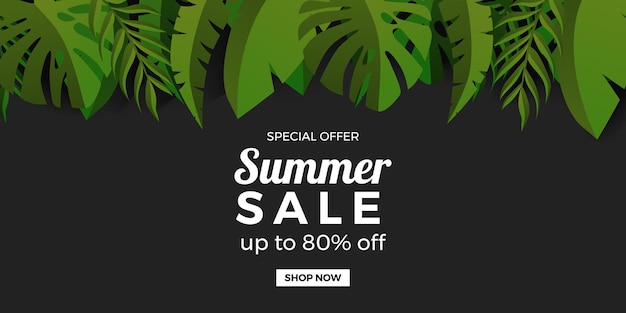 Summer sale offer promotion banner template with green botanical tropical leaves frame