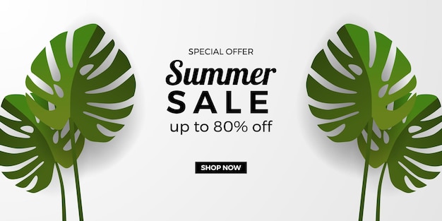 Summer sale offer promotion banner template with green monstera tropical leaves