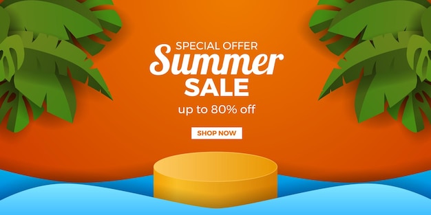 Summer sale offer promotion banner with cylinder podium display and green tropical leaves