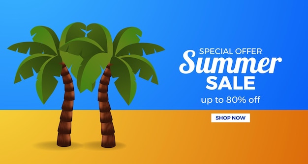 summer sale offer promotion banner with palms on blue and orange