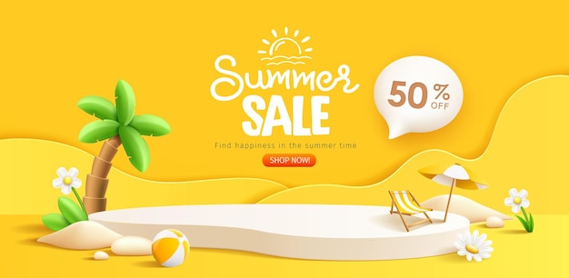 Summer sale podium display pile of sand flowers beach umbrella beach chair and beach ball