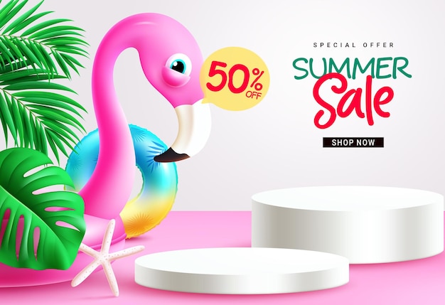 Summer sale podium text vector banner Summer sale special offer text with pink flamingo floaters