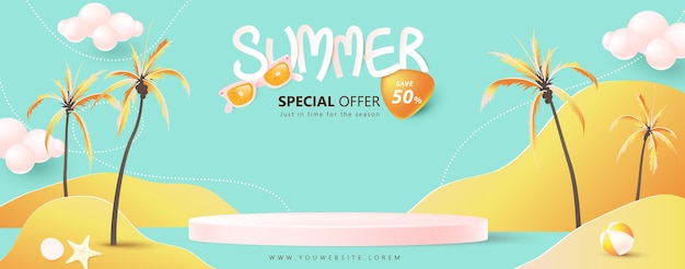 Summer sale poster banner template for promotion with product display cylindrical shape and beach background