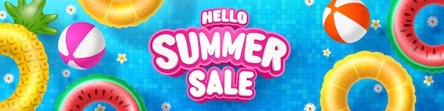 Summer Sale poster and banner template with Colorful Float on water in the tiled pool Background