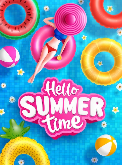 Summer sale poster and banner template with women on round pool floats in the tiled pool background