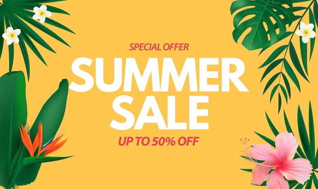 Summer sale poster Natural Background with Tropical Palm and Monstera Leaves exotic flower