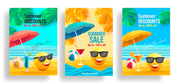 Summer sale poster with 3d smile in sunglasses under sun umbrella with tropical leaves