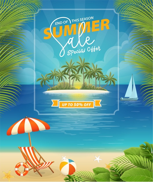 summer sale poster with beach scenery