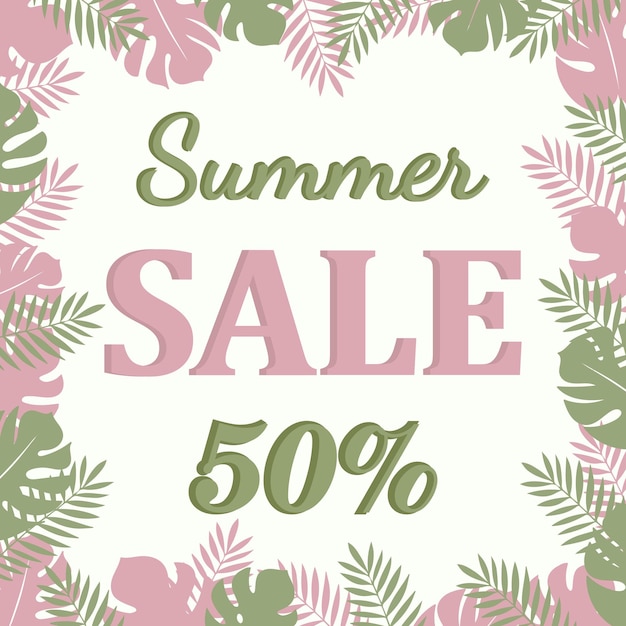 Summer sale poster with pink and green tropic leaves on pink background