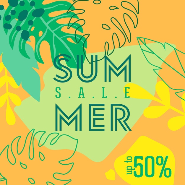 Summer Sale poster with tropic leaves and flowers, advertisement banner and tropical background in modern flat style, flash spring special offer, poster vacation ad, flyer. Vector illustration