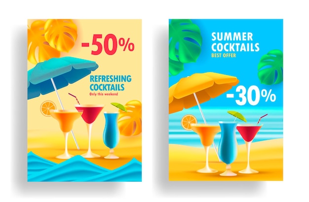 Summer sale posters with promo deals for alcohol cocktails realistic 3d illustrations glasses