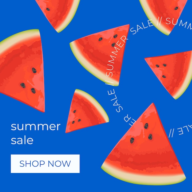 Summer sale square banner template for social media ads Vector Summer sale banner in modern design with watermelon slices Banner with button Shop now