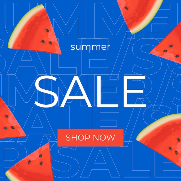 Summer sale square banner template for social media ads Vector Summer sale banner in modern design with watermelon slices Banner with button Shop now