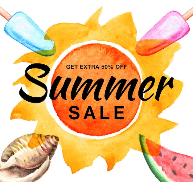 Summer sale template banner with watercolor sun  Colorful ice cream shell watermelon sun. Vector