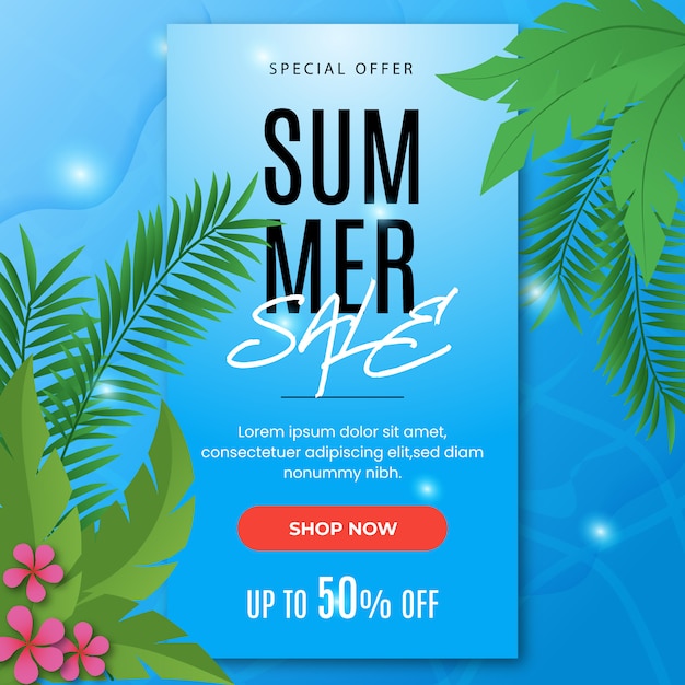 Summer sale template design with tropical leaves