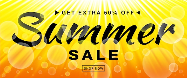 Summer sale template vector banner with sun rays Glow horizontal sunlight yellow background