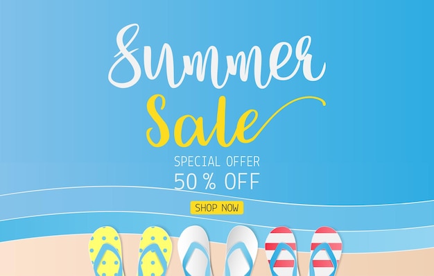 Summer sale text with three pairs of sandals on blue sea background Paper art style