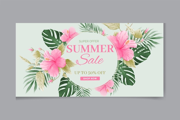 Summer sale tropical banner with flower hibiscus premium vector