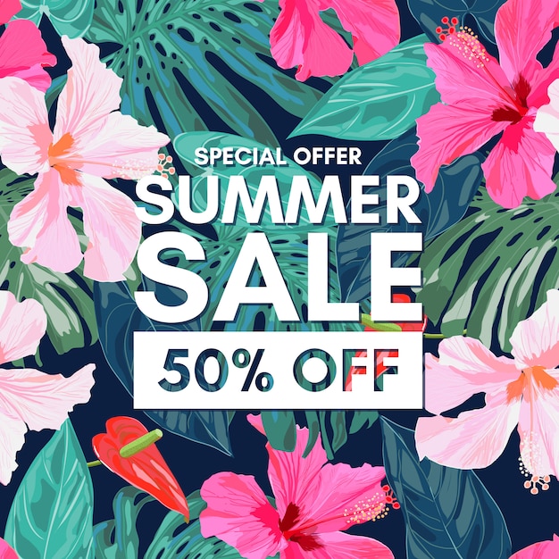 Summer sale tropical colorful background with exotic leaves and hibiscus flowers.