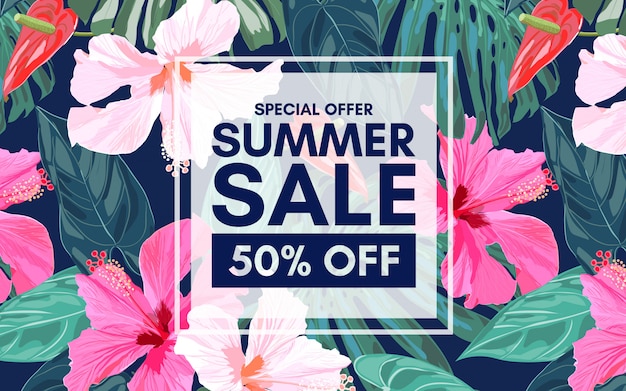 Summer sale tropical colorful banner with exotic leaves and hibiscus flowers.