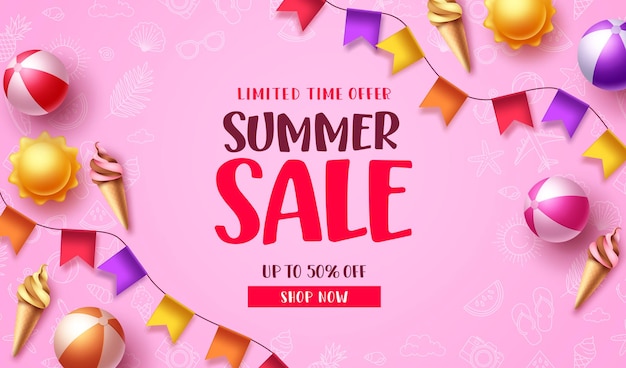 Summer sale vector banner design Summer sale text in pink space with tropical season elements