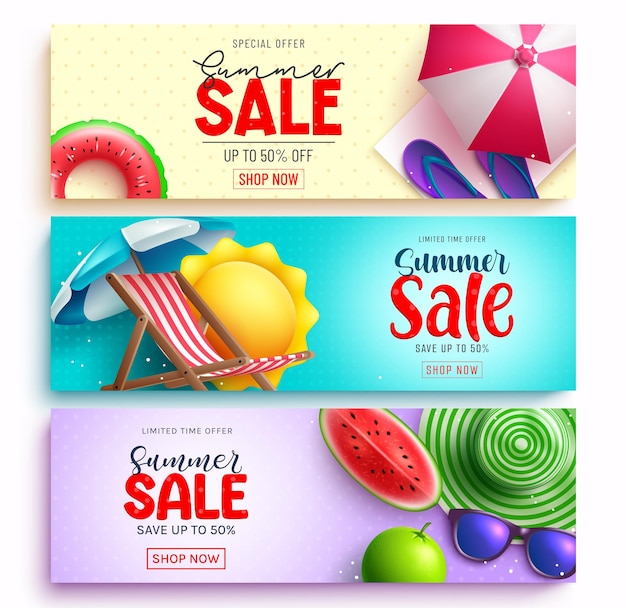 Summer sale vector banner set design Summer sale text with limited time offer discount