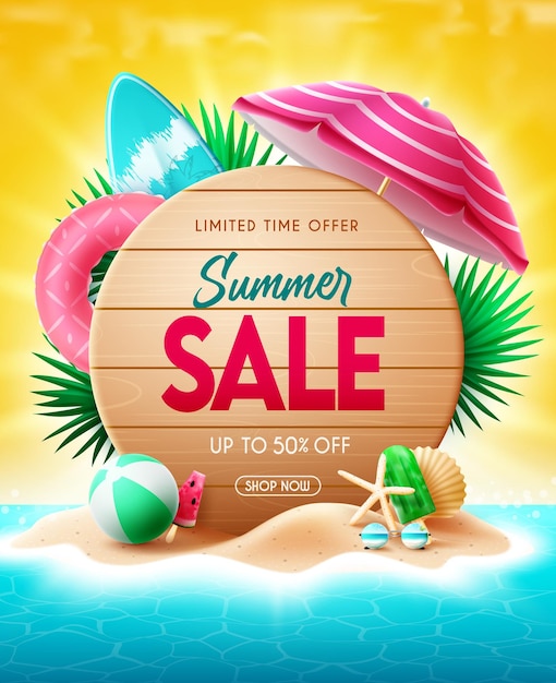 Summer sale vector poster design Summer sale text in foliage circle with limited time price