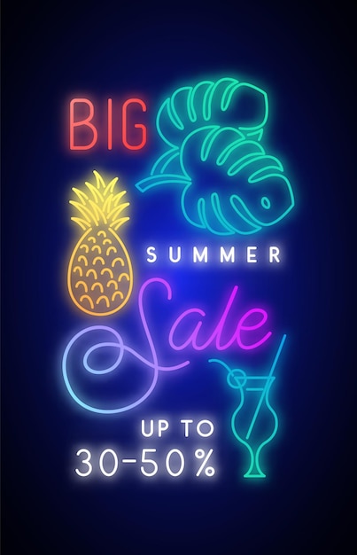 Summer sale vertical banner with glowing tropical elements