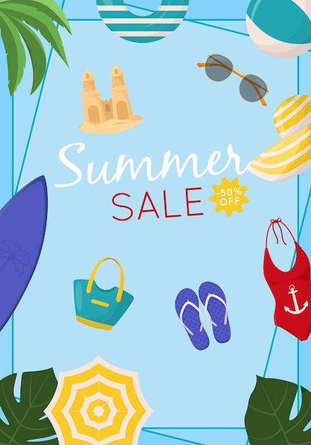 Summer sale web banner design Summer sale discount text with beach elements like swimsuit