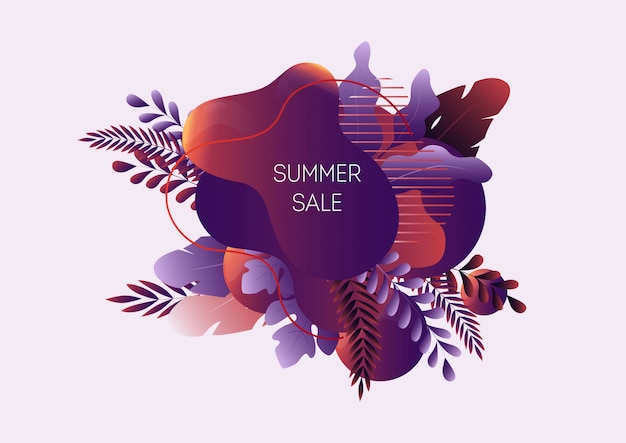 Summer sale web banner with abstract liquid shapes, tropical leaves and text isolated