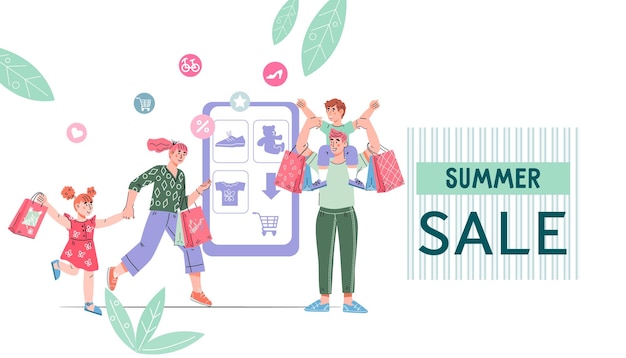 Summer sale website banner with happy parents and children cartoon vector