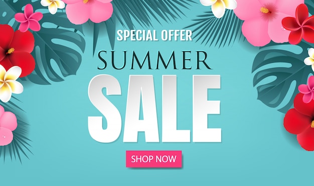 Summer Sale With Tropical Border Blue background With Gradient Mesh, Illustration