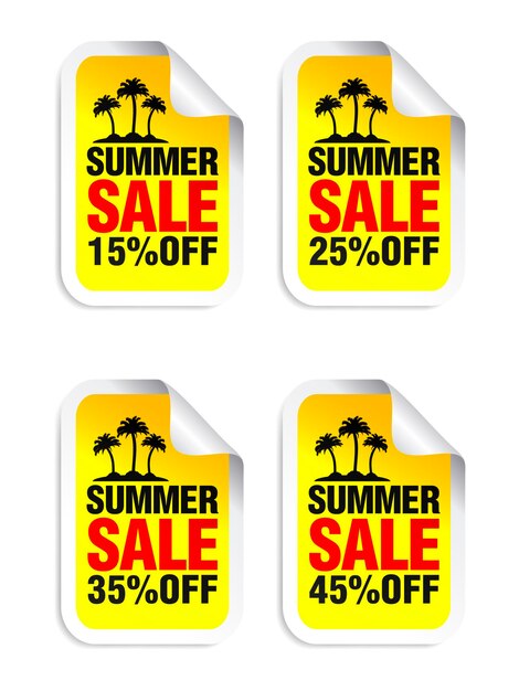 Summer Sale yellow sticker set Sale 15 25 35 45 off Island with palm trees