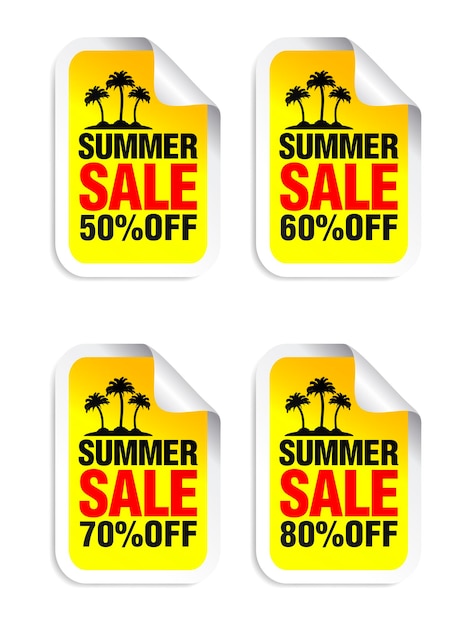 Summer Sale yellow sticker set Sale 50 60 70 80 off Island with palm trees