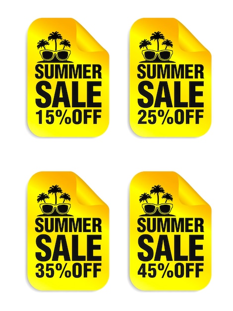 Summer sale yellow stickers set with sunglasses and palm icon Sale stickers 15 25 35 45 off