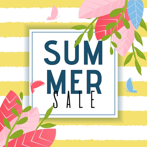 Summer Sales Advertising Poster. Foliage Design and Flying Butterflies