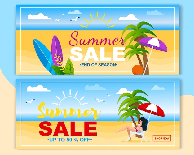 Summer Sales Header Flat Banner Set Invite to Shop.