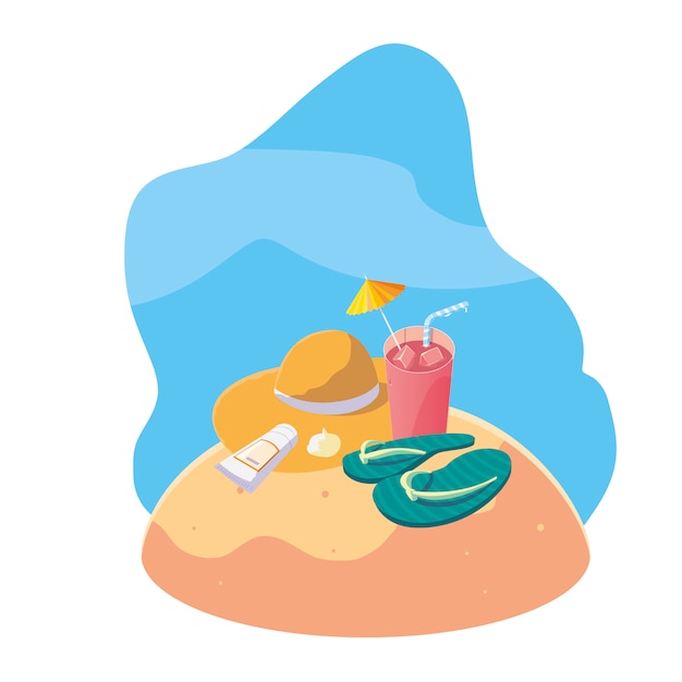 summer sand beach with cocktail and icons scene