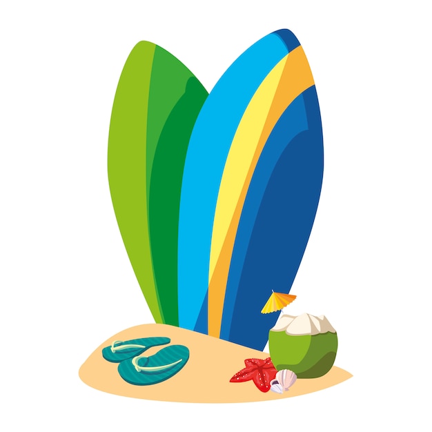 summer sand beach with surfboards and set icons