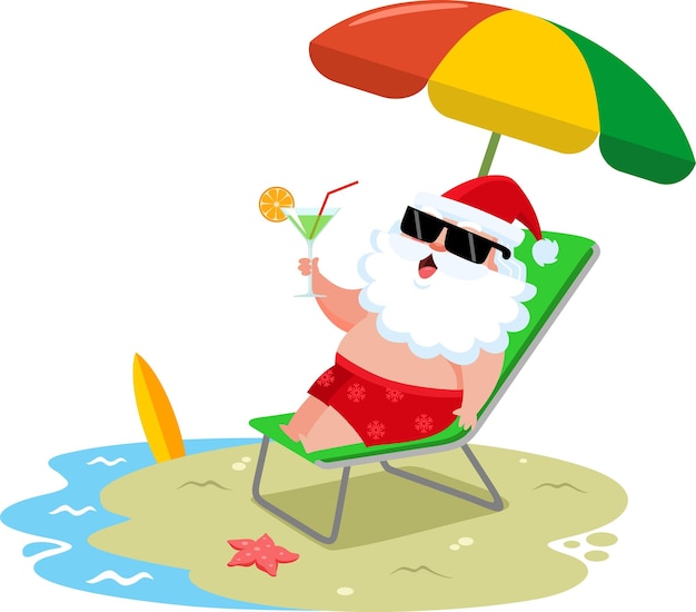 Vector summer santa claus cartoon character lying in deck chair and drinking cocktail in the beach