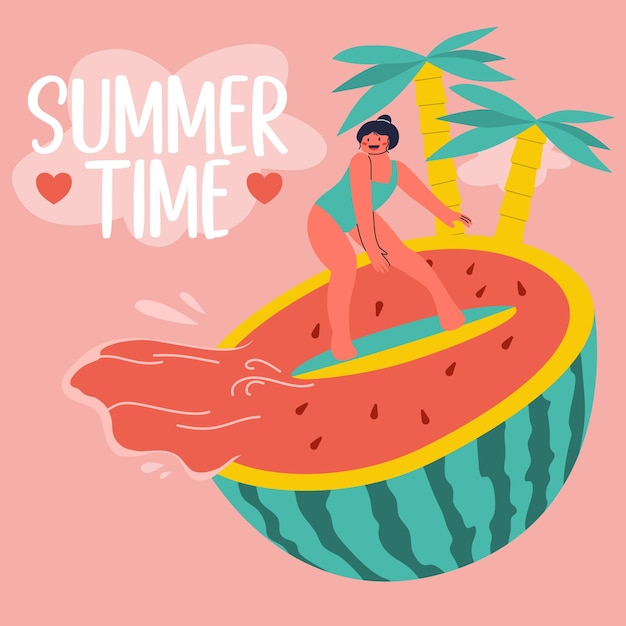 Vector summer scene a girl surfing in a huge watermelon vector illustration