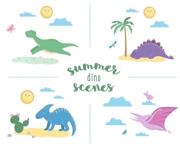 Summer scenes with cute dinosaurs. Illustration with dinos playing, sleeping, sunbathing, running. Funny prehistoric reptiles illustration for children
