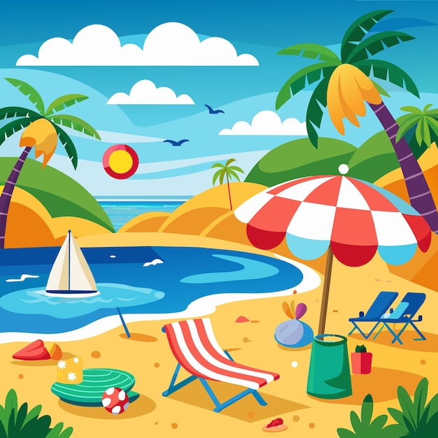 Summer Sea Beach cartoon vector Illustration flat style artwork concept